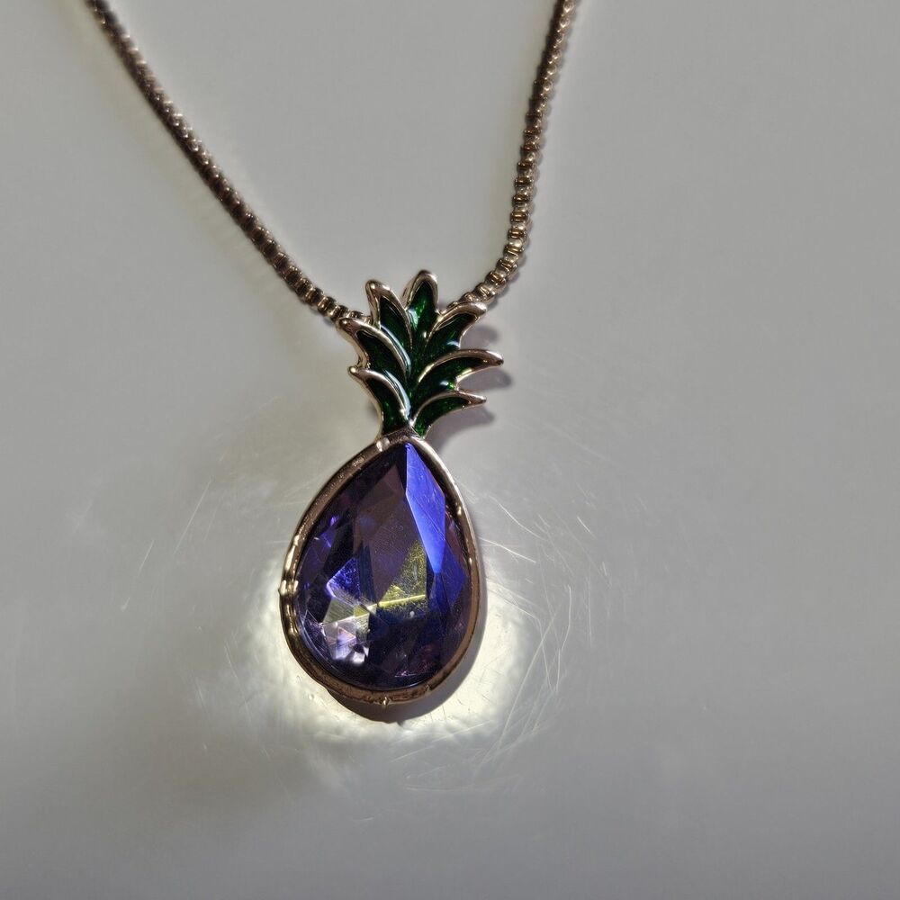 Rose Gold Tone Purple Rhinestone Pineapple Pendant Necklace 16-18"